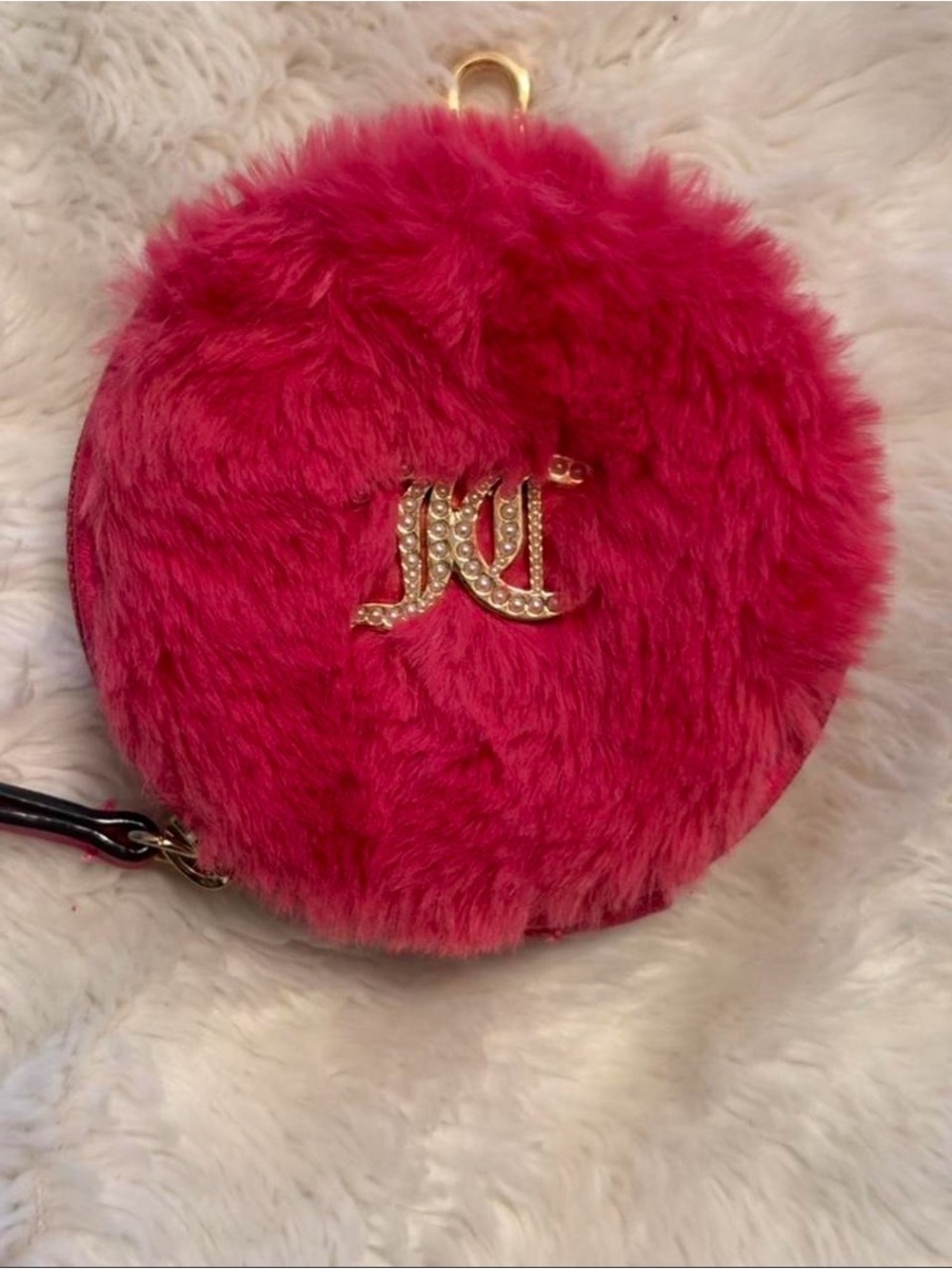 Juicy Couture Fur Round Wristlet Bag with Gold Monogram Accent